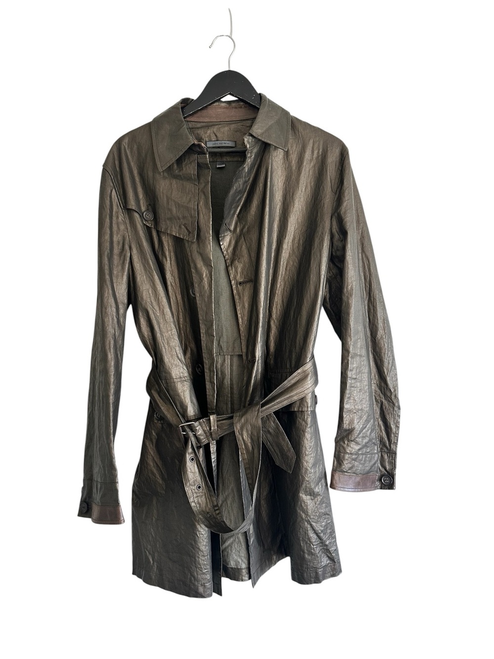 John Varvatos Linen Blend Olive Green Belted Trench Coat Size 50